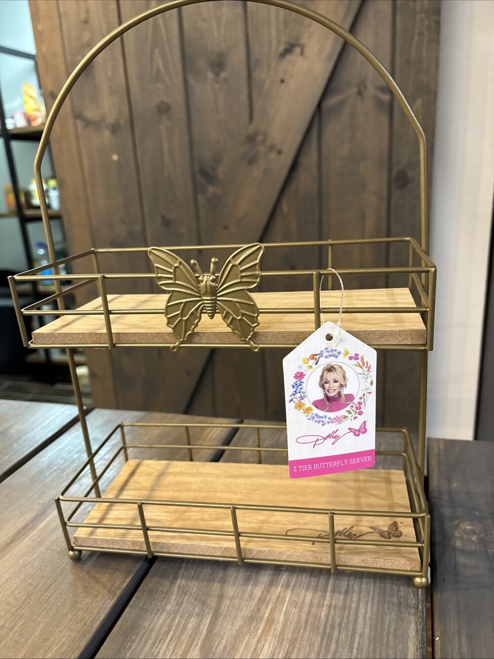 Dolly Parton 2 Tier Butterfly Server Shelf Wood and Metal Signature Hard To Find